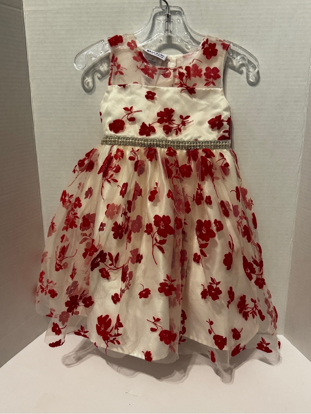 Blueberi Boulevard Cream Dress with Red Floral Appliqué and Beaded Waist